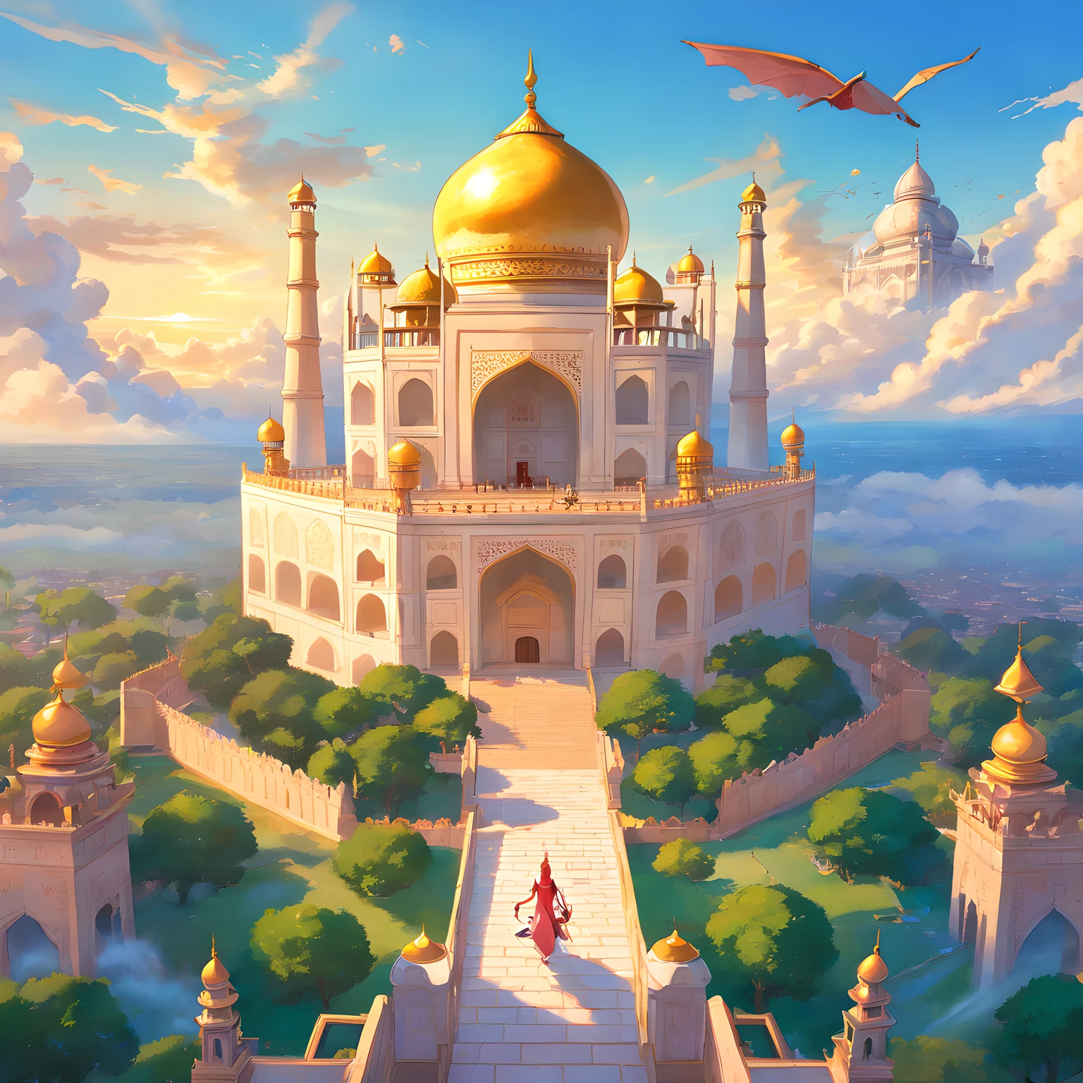 Taj Mahal、Taj Mahal in the fantasy world、The golden Taj Mahal、In the sky、Dragon is flying、