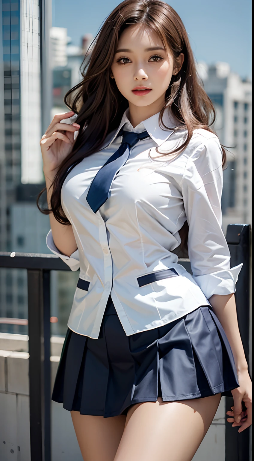 Photorealistic, High resolution, 1womanl, maturefemale, Solo, hips up high, look at viewr, (Detailed face), Wavy Hair, Long hair, School uniform, Mini skirt,　Glossy school uniform