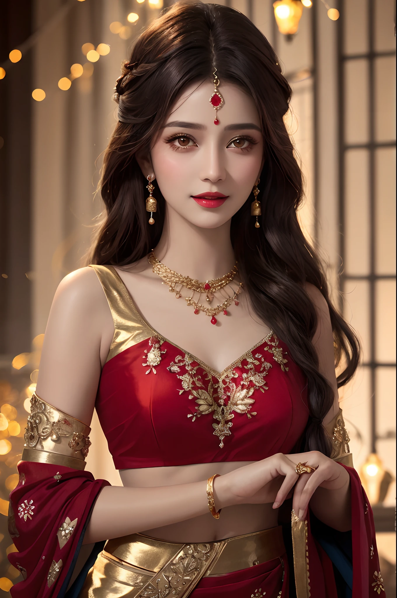 realistic, photorealistic, masterpiece, best quality, a girl, looking at viewer, happy, long hair, beautifully lips, indian lahanga, red and black lahanga, spreading lahanga, red lace transparent, gold plating, jewellery, spot lights, spreading lights, sparkle lights, attractive pose, whole body capture,