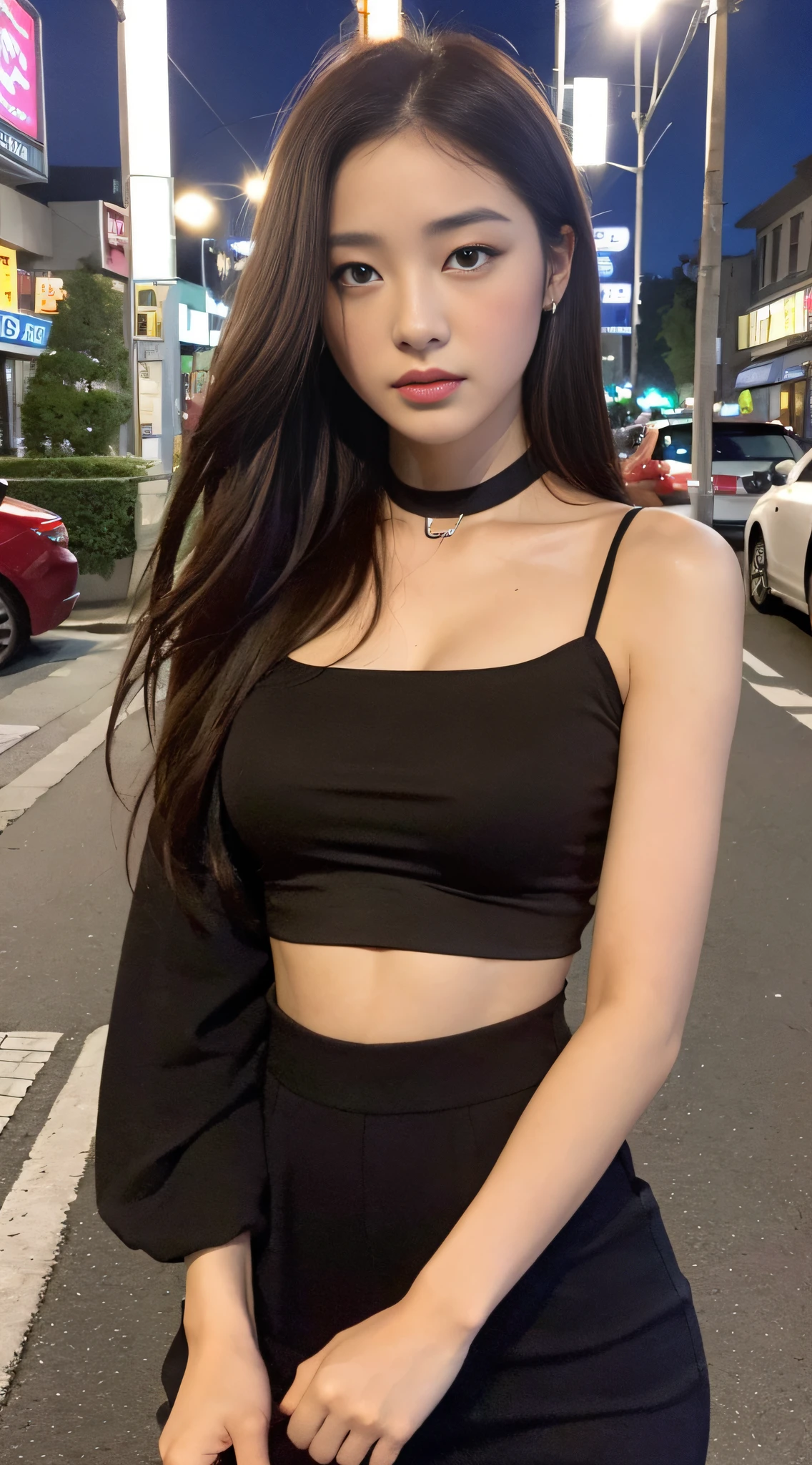 (Realistic lighting, best qualtiy, 8k, tmasterpiece:1.3)), sharp fokus:1.2, 1girl, Beautiful Women with Perfect Figure:1.4, Slim abs:1.1, ((dark brown hair)), (Pink top:1.4),(exteriors,during night:1.1),the city street,Ultra-fine face,Fine eyes,二重まぶた,