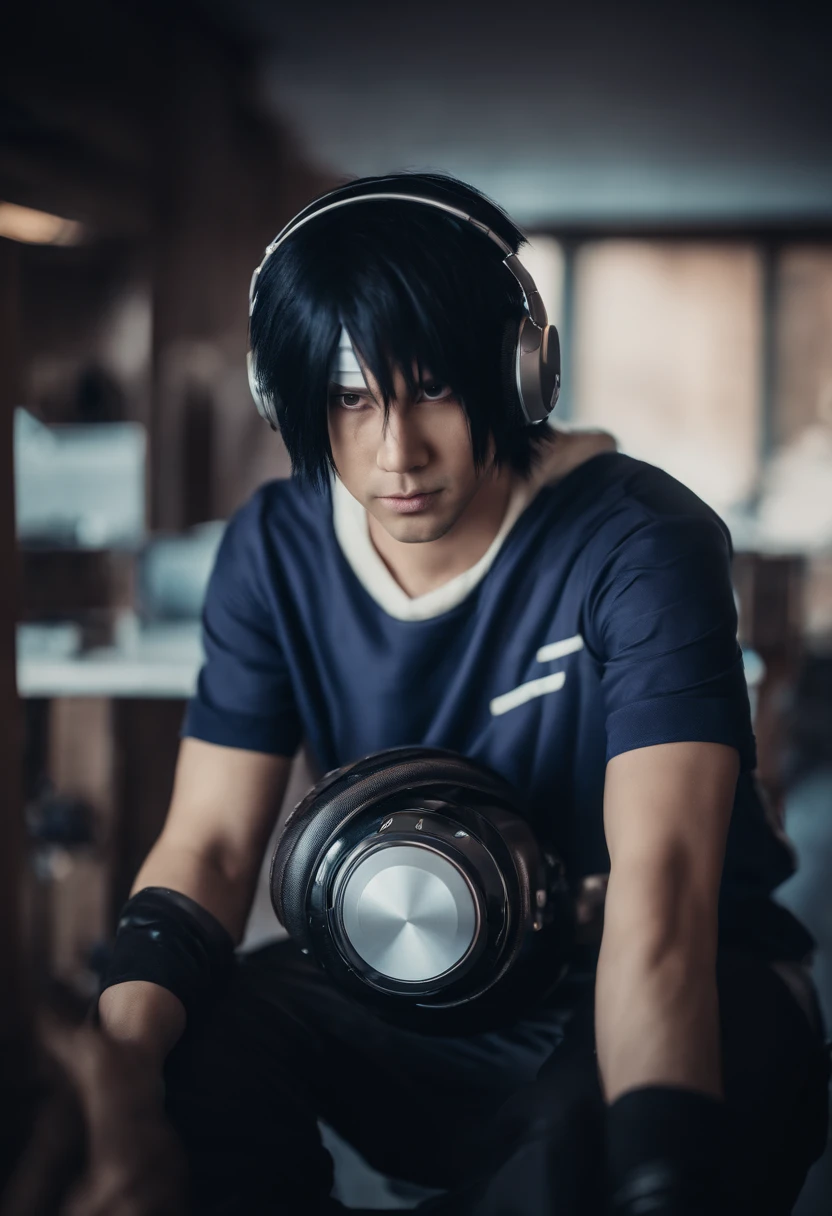 Handsome Sasuke cosplay wearing DJ clothes complete with DJ equipment