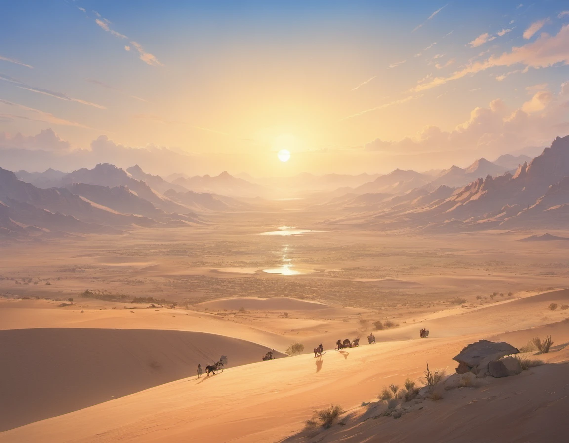 Desert landscape, There are crescent-shaped lakes in the desert,It is surrounded by ancient buildings and sparse vegetation,In the distance, there is a camel caravan that is traveling far away in the setting sun