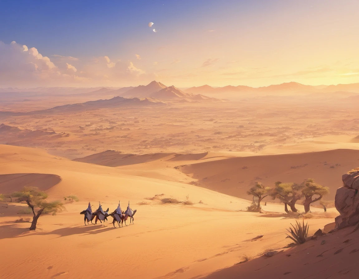 Desert landscape, There are crescent-shaped lakes in the desert,It is surrounded by ancient buildings and sparse vegetation，In the distance, there is a camel caravan that is traveling far away in the setting sun