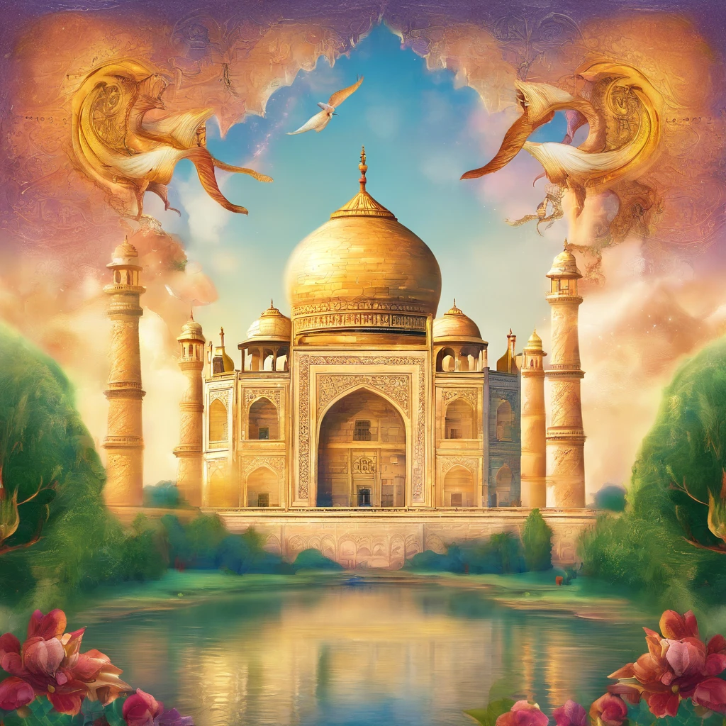 Taj Mahal、Taj Mahal in the fantasy world、The golden Taj Mahal、In the sky、Dragon is flying、