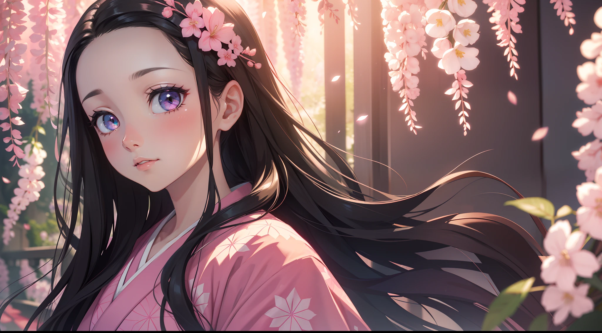 masterpiece, (pink kimono), seductive face, good lighting, décolleté, small details, masterpiece, glowing eyes, 1girl, black hair, on face, Nezuko Kamado, wisteria background, best quality, POV, erotica