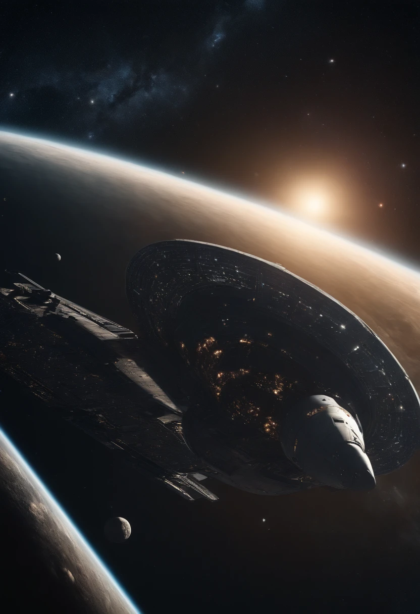 An infinitely vast universe, A huge spaceship sailed by(space ship)(spaceship), milky ways, Star system, Starcloud, Asteroid belt, (Best quality, 4K, 8K, A high resolution, Masterpiece:1.2), Ultra-detailed, (Realistic, Photorealistic, photo-realistic:1.37)