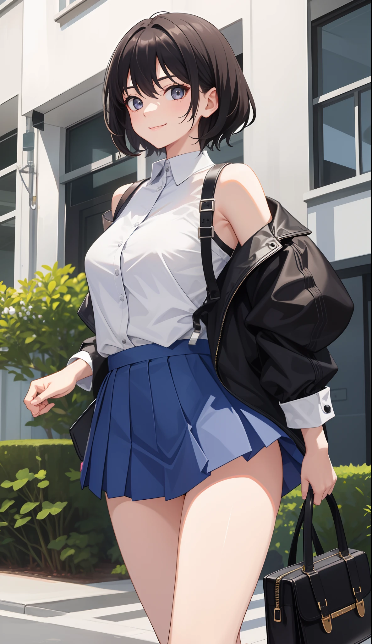 ((top-quality、8K、​masterpiece:1.3))、1人、Slender Abs、sofas、hyperdetailed face、A detailed eye、二重まぶた、very Bigger breasts、large full breasts、Colossal tits、Neat and clean schoolgirl、short-hair、Straight bob hair、Shorthair with bangs、A smile、Schoolgirl Uniform、Female genitalia visible from skirt、An 18-year-old woman、Sheer white shirt、Unbutton your shirt and expose your chest、Navy blue ribbon at the collar、Dark blue pleated micro mini、Sexy、Peek at the viewer、Beautiful graphics、Bright school building with strong sunlight、Show me your whole body、fully body photo、is standing、No bra、The nipple is visible、No panties、No panties、Detailed female genital shapes、Black pantyhose、(Facing the front)(((Blushing cheeks、embarassed expression)),(((The skirt is rolled up by the wind)))、Showing female genitalia、depth of fields、Bokeh in the background、