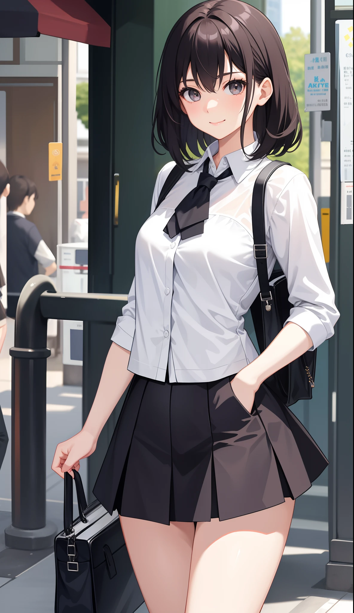 1girl in、AS-Adult、A smile、The shirt、Ultra mini skirt、pantiy、（small tits）、Walking with a thigh、Upper body portrait、