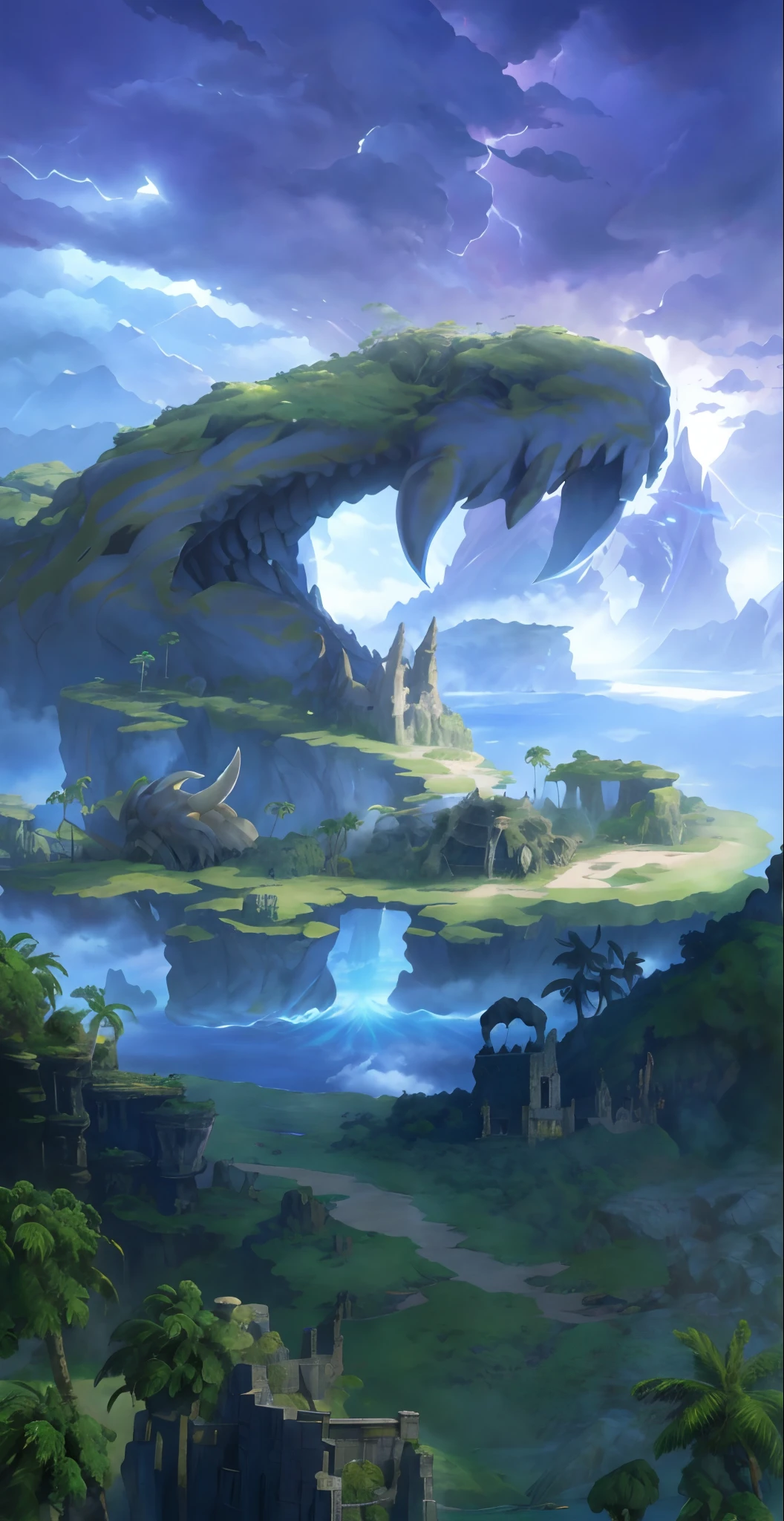 Game HD wallpaper,There is a river inside,Huge animal bones,Tropical island background,The sky is full of thunderclouds,Scattered behemoth skeletons,2D fantasy art, epic matte painting of an island, fantasy concept art, ,Cartoon anime art, fantasy world concept,HighestQuali,top-quality,Highest pixel,Miyazaki anime art style,Shinkai Makoto anime art style,in style of ghibli,8K,Ray traching,Core Behemoth Island!!!