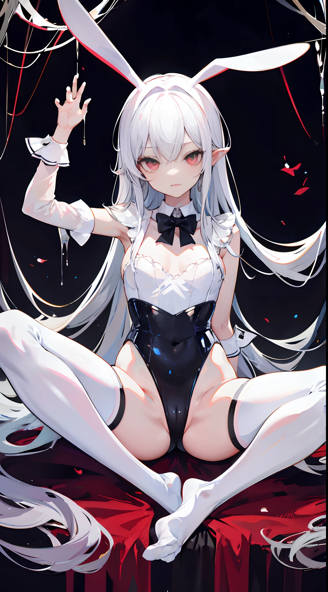 opening legs，Bunny ears，No underwear， the feet，is shy，sitted， Feet，Exposed genitals，clear liquid，Bigchest，transparent panty，soaking wet，Hold your thighs from behind with your hands，Emotive expressions，Ambiguous，taunt，Succubus，Unoccluded，There is no lower limit，Mesh socks，black lence stockings