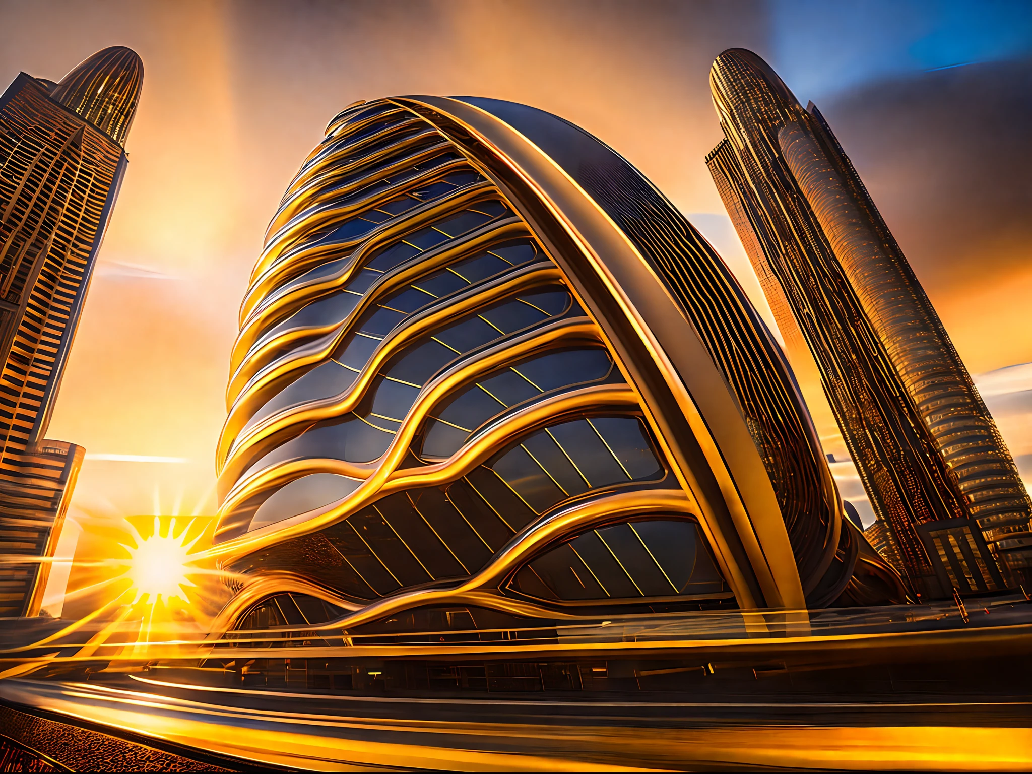 Arafed view of a building with a golden facade and a sunset - SeaArt AI