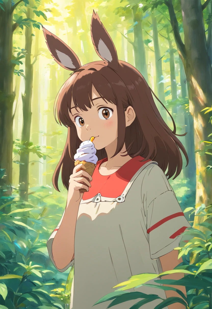 Brown-haired girl in anime, Eating ice cream, In the style of a quiet forest, colorful animation stills, My Neighbor Totoro's Worldview,Satsuki, #fbb56f, paul gauguin, Embry style, Honest portrayal