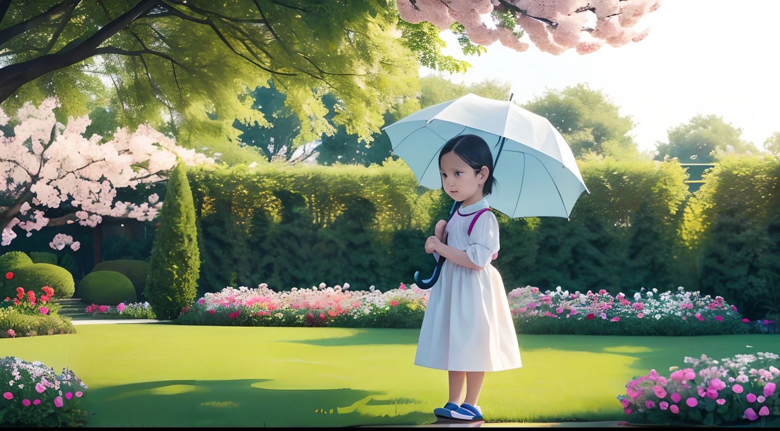 Please generate a white background,The garden is full of spring colors,A lowered her head worriedly,With an umbrella,