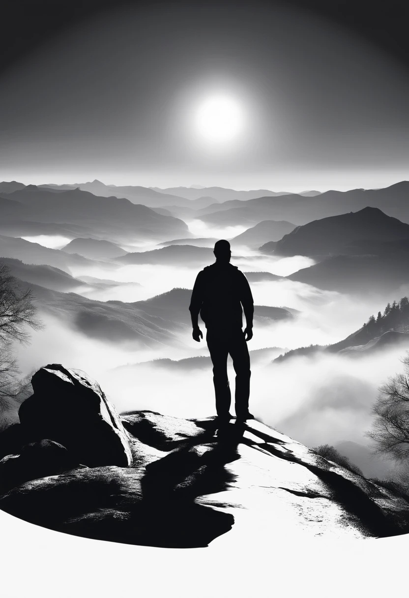 silhouette of a man standing on a mountain peak with the sun setting behind him,vector illustration, black and white,high-resolution, dramatic studio lighting,painting-style,landscape,contrast,shadows,dramatic composition,serene atmosphere,majestic view.