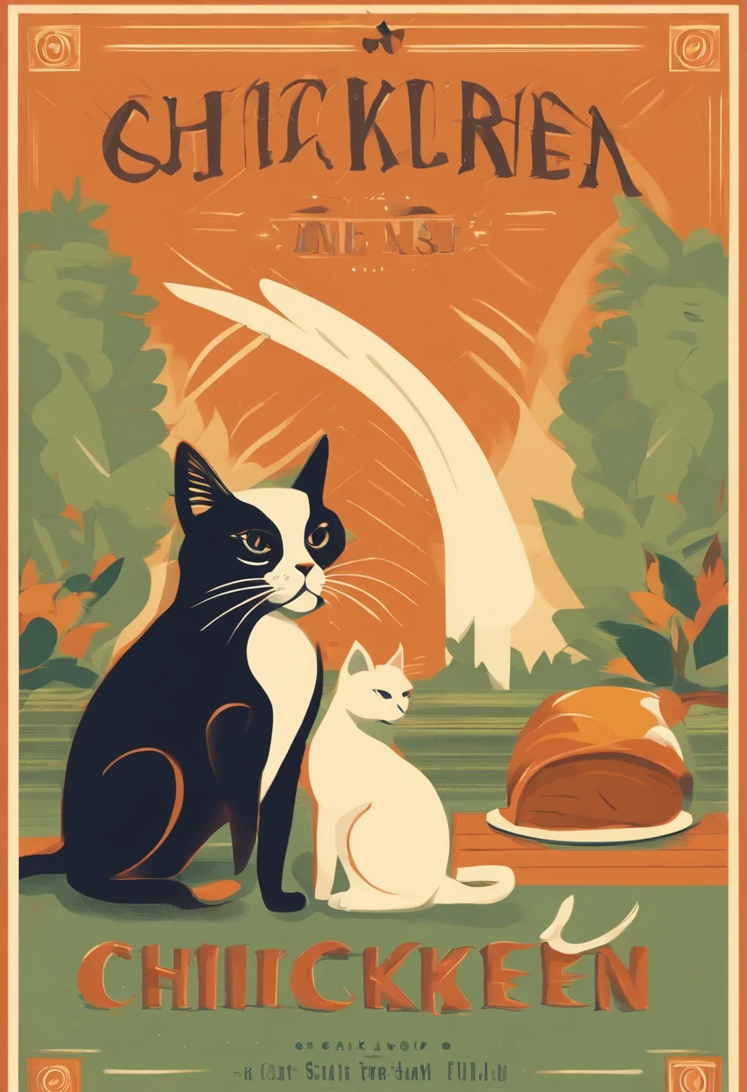 a cat and a dog are eating a chicken, a commercial poster,California vibe,layout,illustration, typesetting, graphic design,risograph::2 printing style, retro style