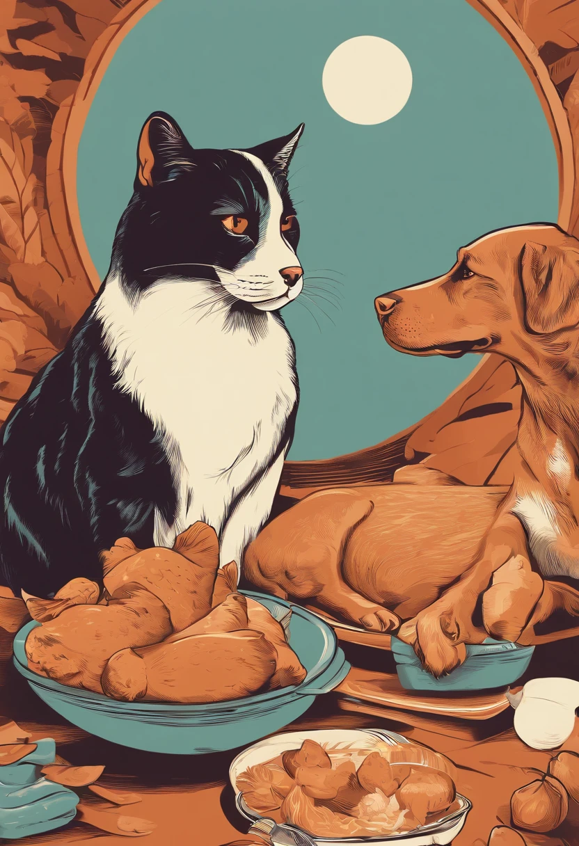 a cat and a dog are eating a chicken, a commercial poster,California vibe,layout,illustration, typesetting, graphic design,risograph::2 printing style, retro style