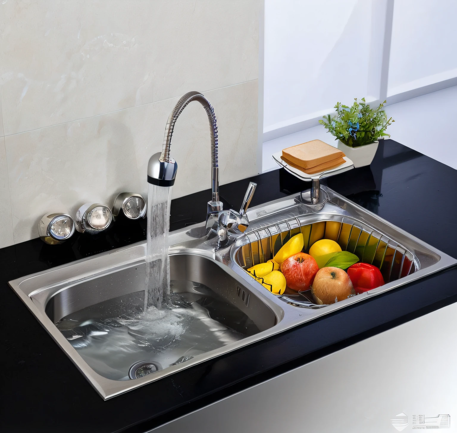 There was a sink,stainless steel,high quality rendering, taps with running water,modernization,high qulity,8K quality,Cinematic lighting