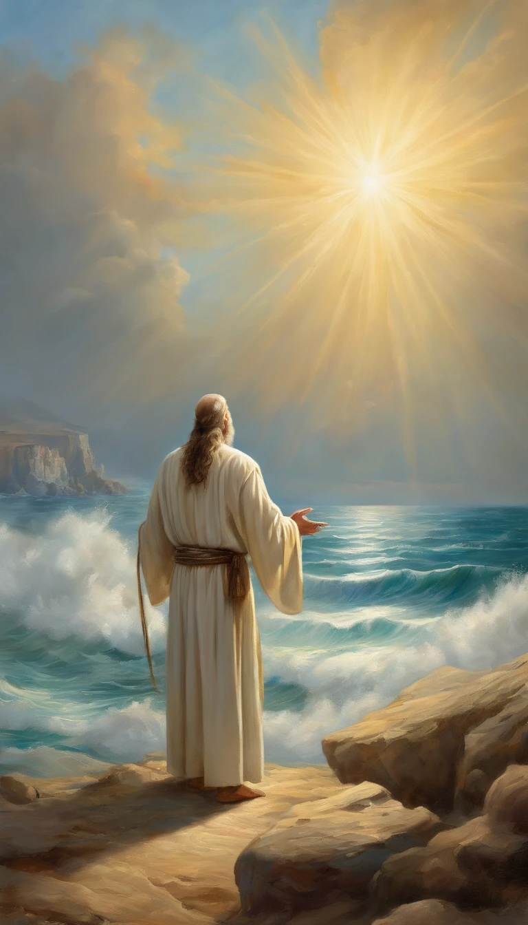 Vickers style, The graphics in the poster design are ocean colors, Living in the North Sea, Control thunderstorms at sea, portrait of jesus with white robe  stand in front of a very big and tall door and opened his hands, Super sharp,Realistic details,Auspicious clouds, depth of fields, God Ray, fantasy coloring, romanticism lain, art-deco, Cinematic lighting, Depth of field, Sparkle, god light, Ray tracing, Ultra-wide angle, first person perspective, Wide shot, hyper HD, High quality, High details, Textured skin, Best quality