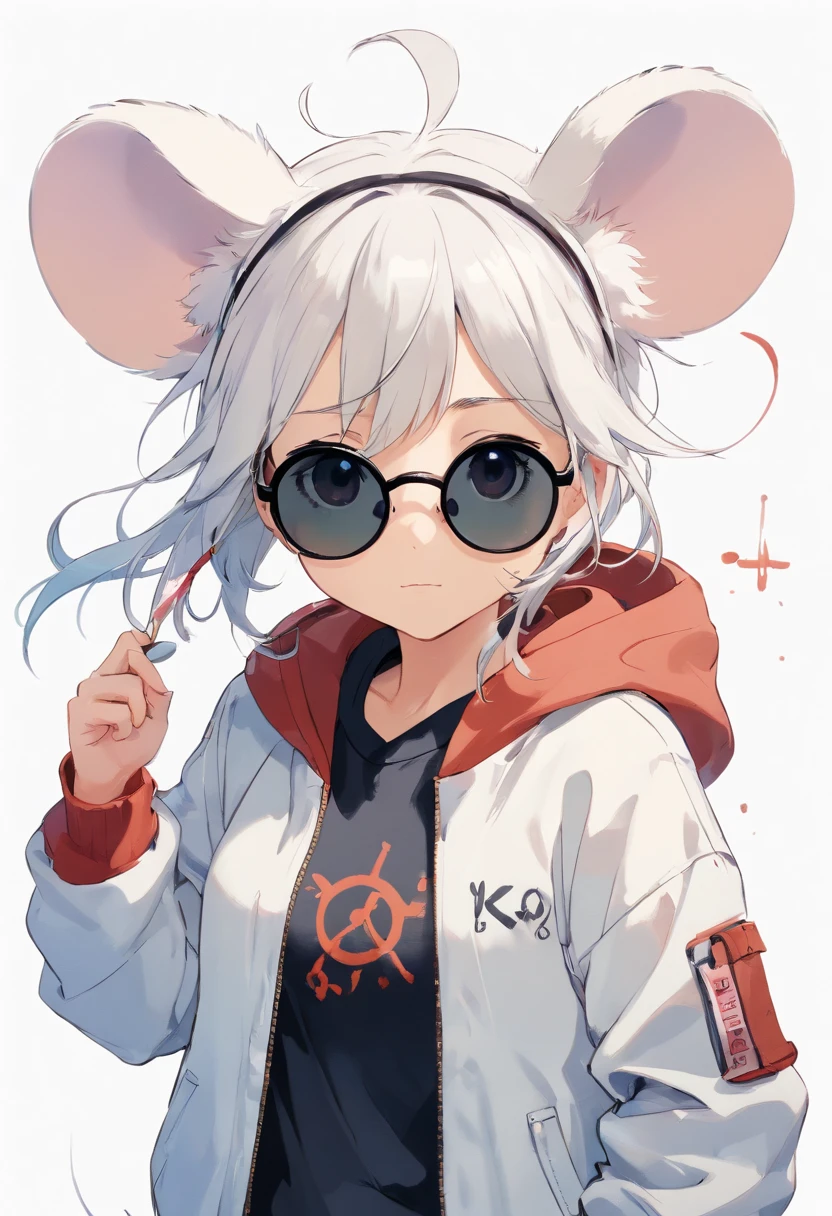 Perfect centering, Cute white and black mouse, Wear a student team jacket, Wearing black sunglasses, Wearing headphones, cheerfulness, Standing position, Abstract beauty, Centered, Looking at the camera, Facing the camera, Approaching perfection, Dynamic, Highly detailed, Smooth, Sharp Focus, 8K, hight resolution, Illustration, art by carne griffiths and wadim kashin, White background