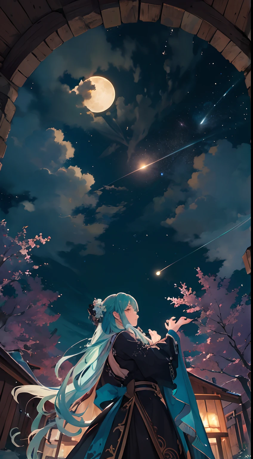 Photos of vast landscapes, (seen from below, sky and forest below), little girl wearing full clothes standing in a flower field looking up, (Full Moon: 1.2), (Meteor: 0.9), (Nebula: 1.3), Distant Mountains, Tree Breaking Making Art, (Warm Light Source: 1.2), (Firefly: 1.2), Lights, Cyan and Orange, Intricate Details, Volumetric Lighting, Realism Rest (Masterpiece: 1.2) (Best Quality), 4K, Ultra Delicate, (Dynamic configuration: 1.4), High detail and colorful details, (Iridescent colors: 1.2), (Glow lighting, atmospheric lighting), Dreamy, magical, (Solo: 1.2)