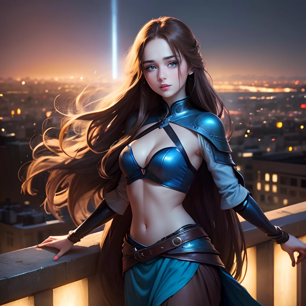Cute girl blue eyes, long brown hairs, smooth face, long blue skirt, blue Brazzer, navel, red lipstick, standing on a roof and a city of lights behind her , face is glowing with light