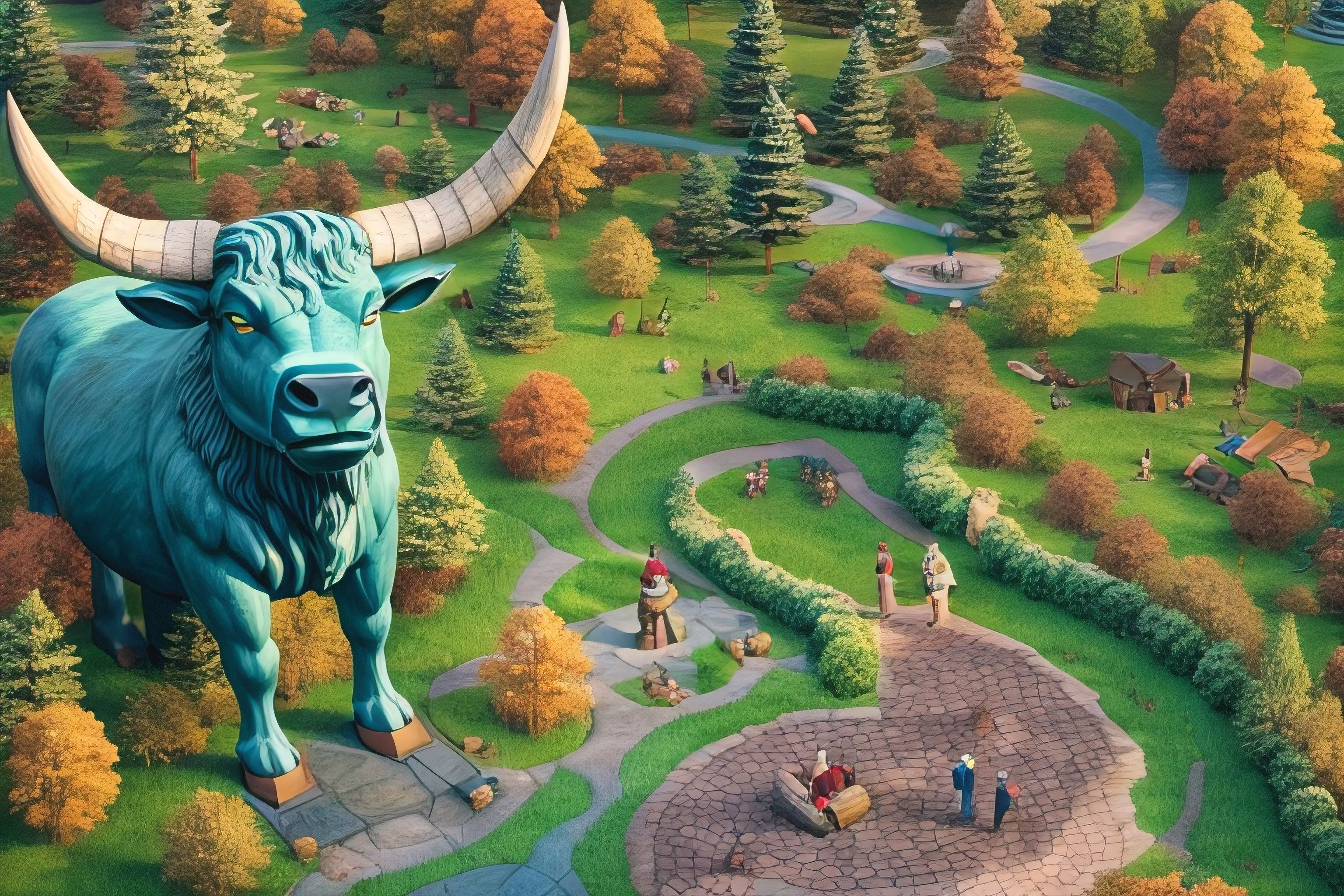 photo of colossal statue of Paul Bunyan and his blue ox pet, smiling, isometric view, public park, trees, water, sunny, detailed, high quality, high resolution, 8k, high saturation