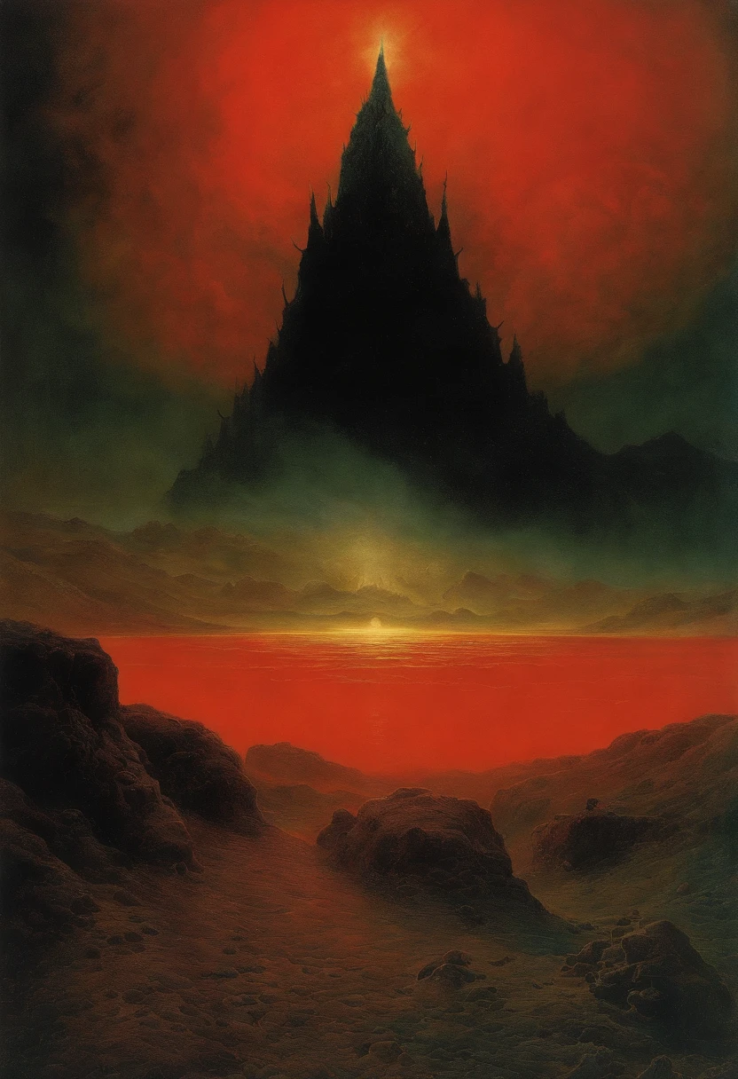 mythological creatures, author:Zdzislaw Beksinski和Van Gogh, album covers, romatic, surrealism, Futuristic ,satan, coral, wizard, abstracted, Dark, Red, hell, landscape
