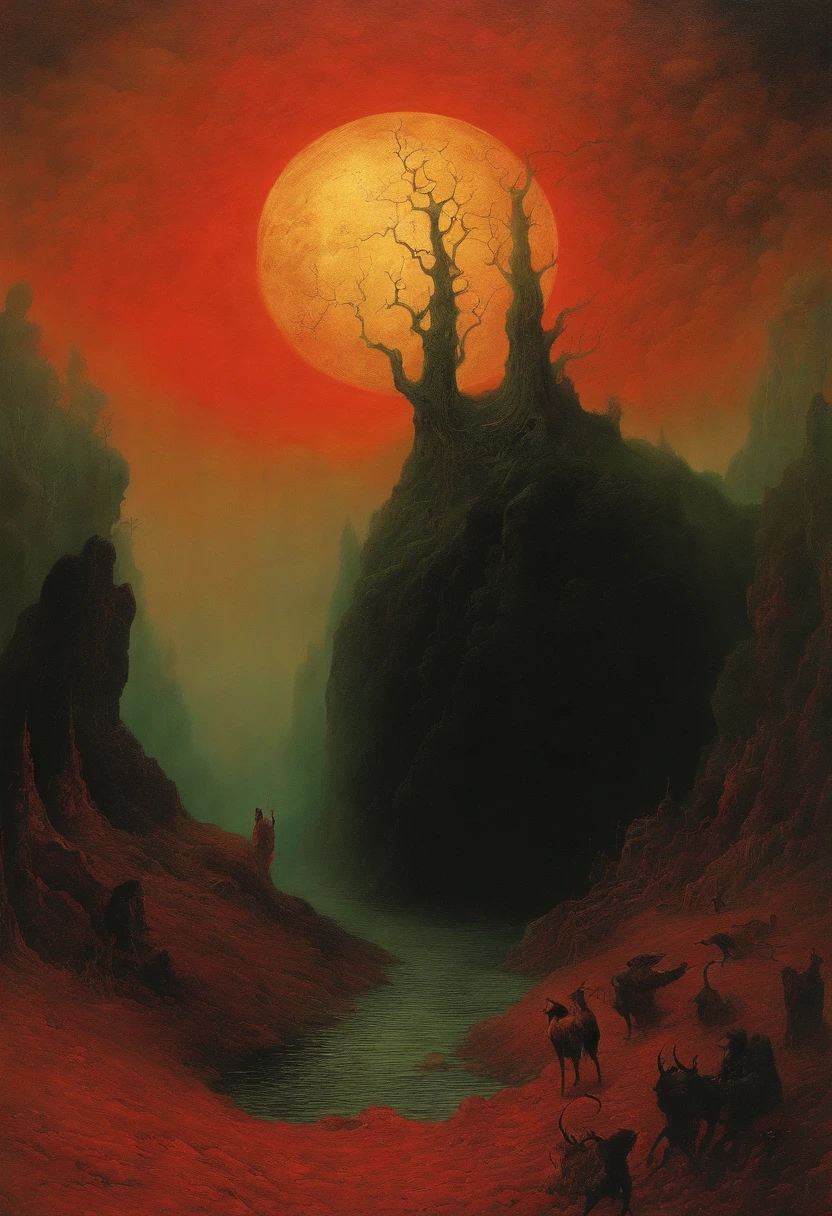 mythological creatures, author:Zdzislaw Beksinski和Van Gogh, album covers, romatic, surrealism, Futuristic ,satan, coral, wizard, abstracted, Dark, Red, hell, landscape