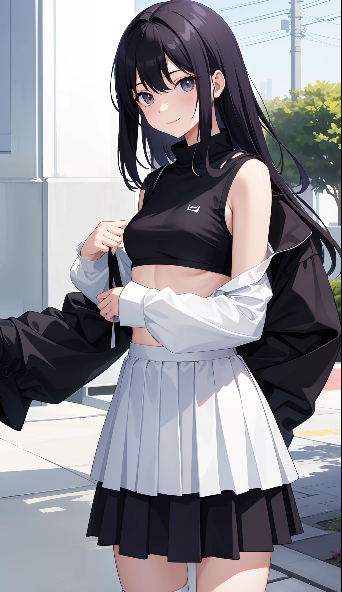 foto de corpo inteiro, todo o corpo , cat ears on the head of a beautiful young woman wearing a short skirt, usando meias preta longas e sueterpreto apertado ,corpo inteiro na foto,floresta a noite varias luzes,belas coxas, coxas lindas belhos olhos escuros detalhados, sueter branco apertado,maio apertado , tight pantyhose, mini saia , ceu limpo a noite com estrelas numa floresta a noite,short curto linda jovem, olhos sedutores feminino.CABELO CURTO PRETO((CABELOS CURTO PRETO))salto alto, em pe, salto alto preto