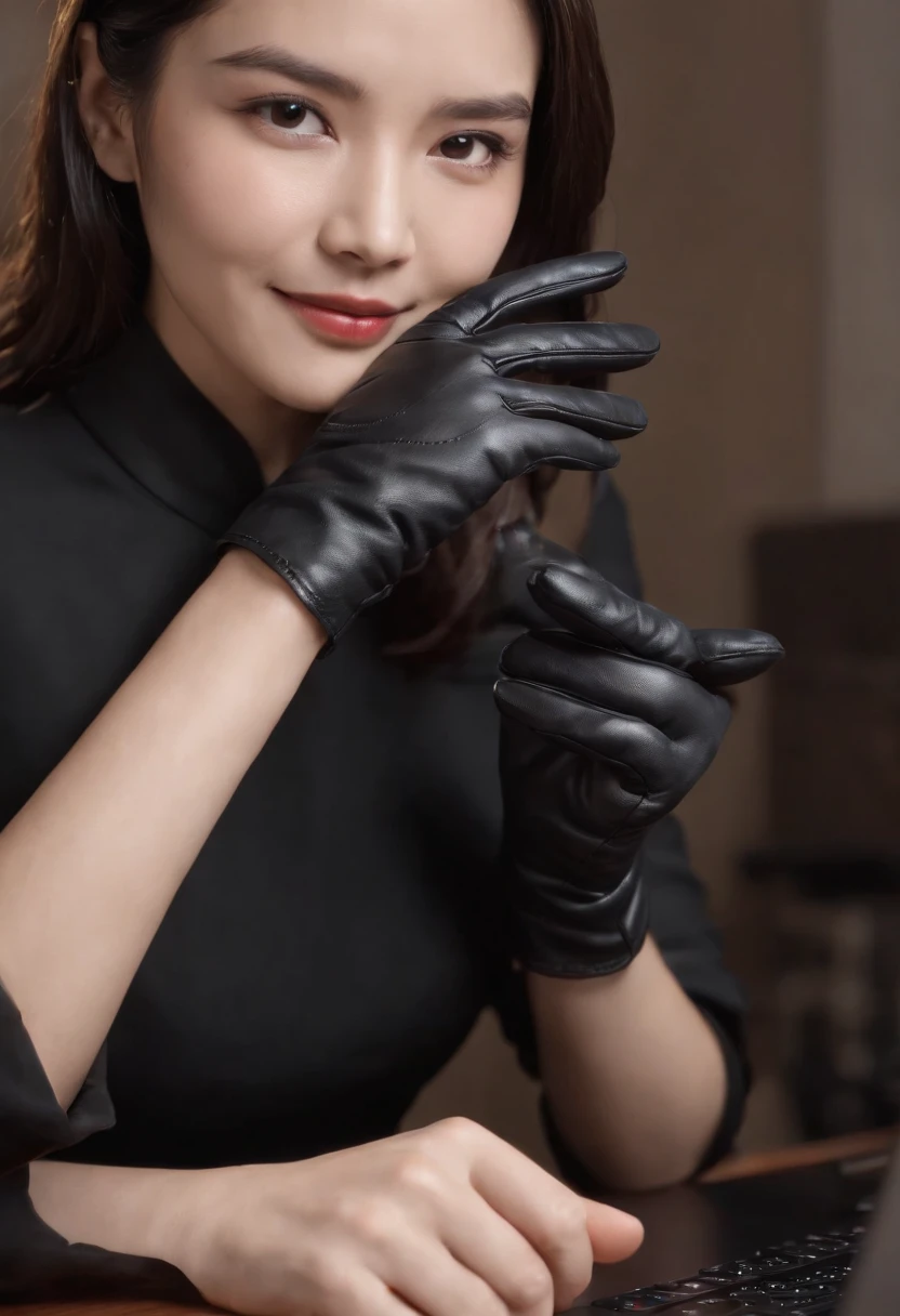 Wearing black leather gloves on both hands, Upper body, Black business suit, Facing the desk in my room with a computer in the dark, Look down and smile, Operating the computer with the fingertips of black leather gloves, Black hair was tied back for a long time, Japan female new employee who is still young and very cute (Black leather gloves cover both hands)