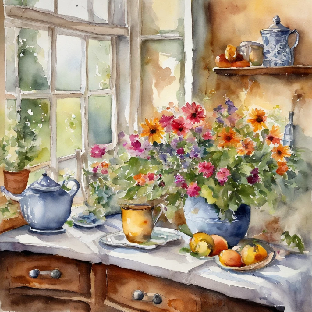 there is a kitchen with a table and a sink and a window, cottagecore hippie, cottagecore, cottagecore!!, with flowers and plants, with colorful flowers and plants, small kitchen, cute kitchen, romantic greenery, kitchen, nature and floral aesthetics, retro vintage and romanticism, house kitchen on a sunny day, decorated with flowers