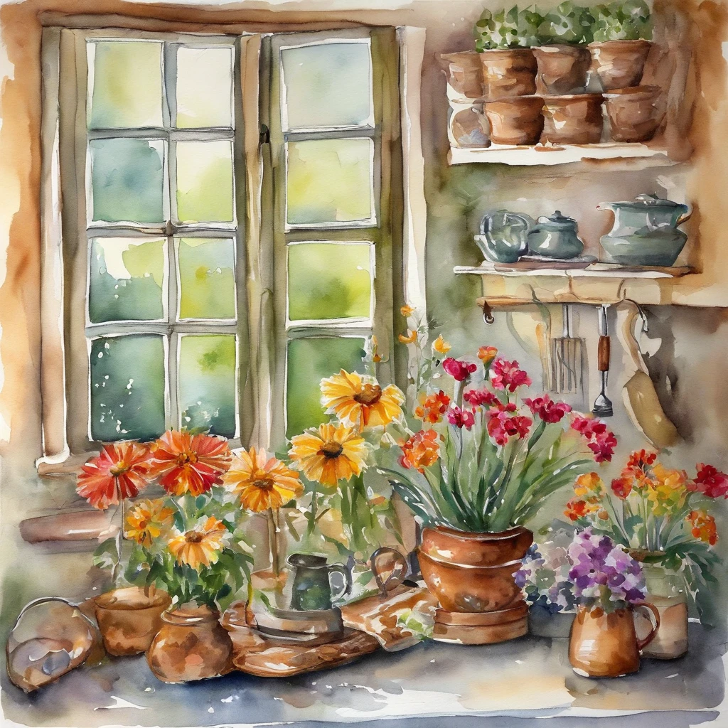 there is a kitchen with a table and a sink and a window, cottagecore hippie, cottagecore, cottagecore!!, with flowers and plants, with colorful flowers and plants, small kitchen, cute kitchen, romantic greenery, kitchen, nature and floral aesthetics, retro vintage and romanticism, house kitchen on a sunny day, decorated with flowers