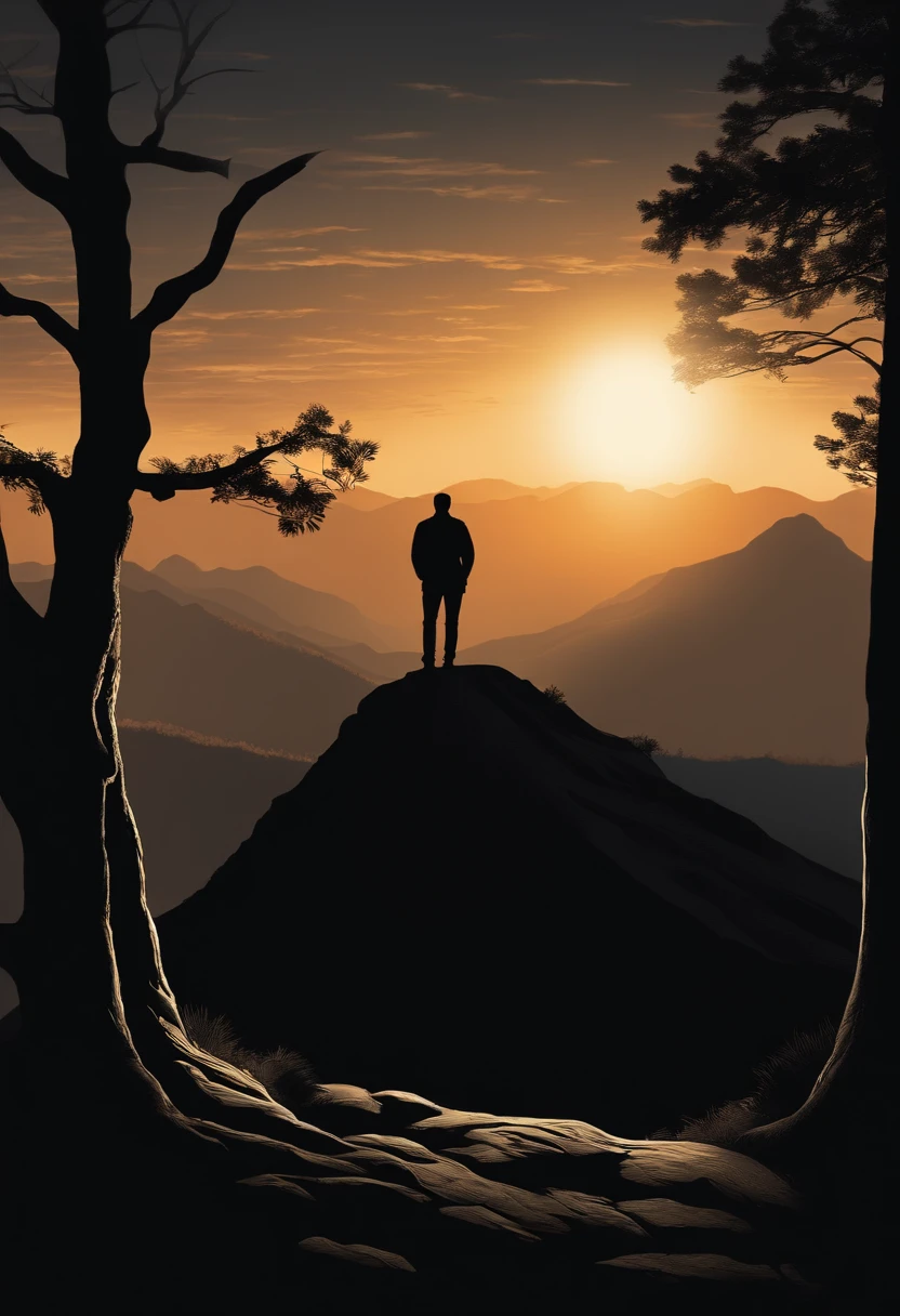 silhouette of a man standing on a mountain with big tree peak with the sun setting behind him,vector illustration, black and white,high-resolution, dramatic studio lighting,painting-style,landscape,contrast,shadows,dramatic composition,serene atmosphere,majestic view.