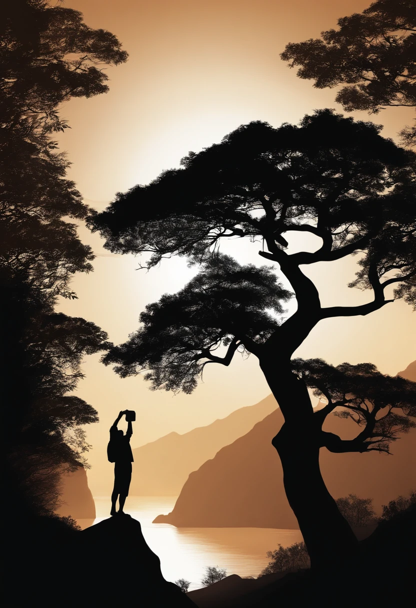 silhouette of a man standing on a mountain with big tree peak with the sun setting behind him,vector illustration, black and white,high-resolution, dramatic studio lighting,painting-style,landscape,contrast,shadows,dramatic composition,serene atmosphere,majestic view.