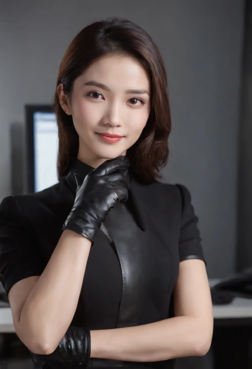 Wearing black leather gloves on both hands, Upper body, Black business suit, Facing the desk in my room with a computer in the dark, Look down and smile, Operating the computer with the fingertips of black leather gloves, Black hair was tied back for a long time, Japan female new employee who is still young and very cute (Black leather gloves cover both hands)