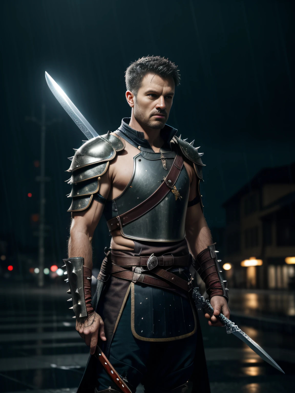 An exhausted sad warrior with a spiked sword , Standing in the Rainy night , looking down ,highly detailed, elegant, DSLR, canon, pinterest, artstation, smooth, sharp focus, 8k,full shot, 105mm portrait lens , Blue lighting , masterpiece