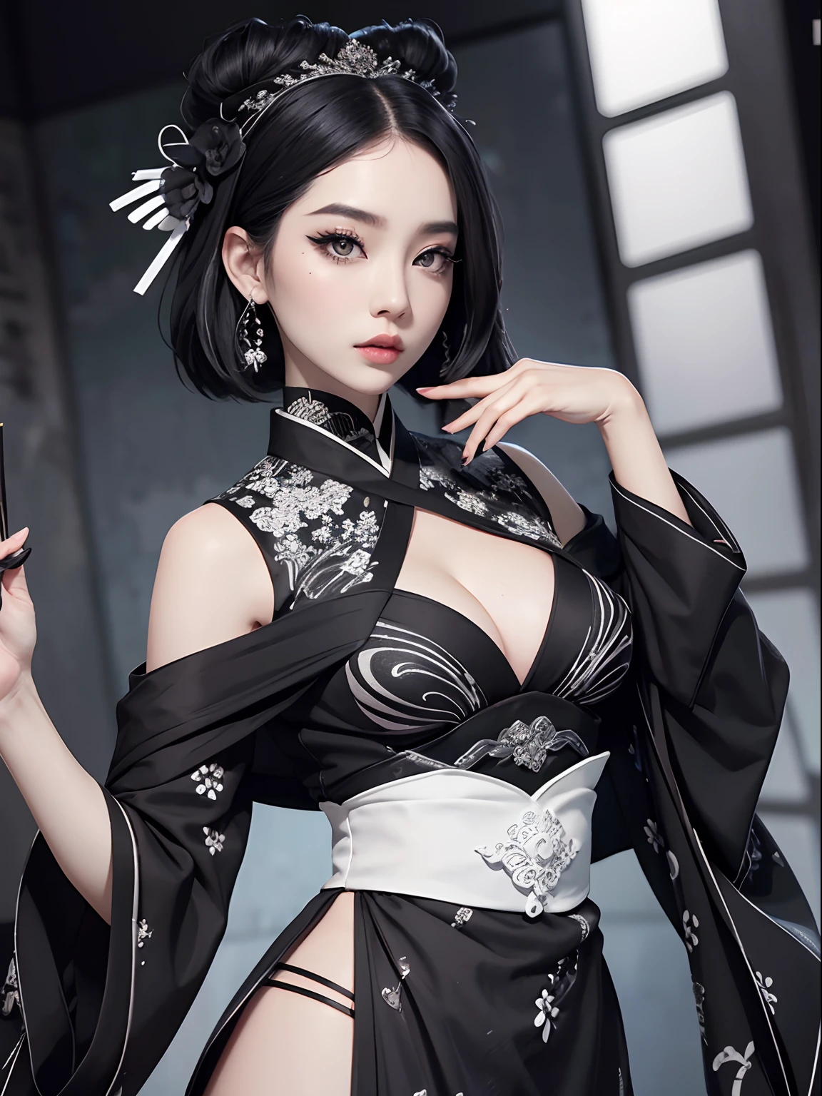 Black and white marble pattern kimono dress、Black eyeliner and black eyeshadow、A detailed face、detailed facial expression、Shoot from the waist up、Dynamic Posing、Fancy makeup、See-through stall、Platinum Color Hair、short-hair、