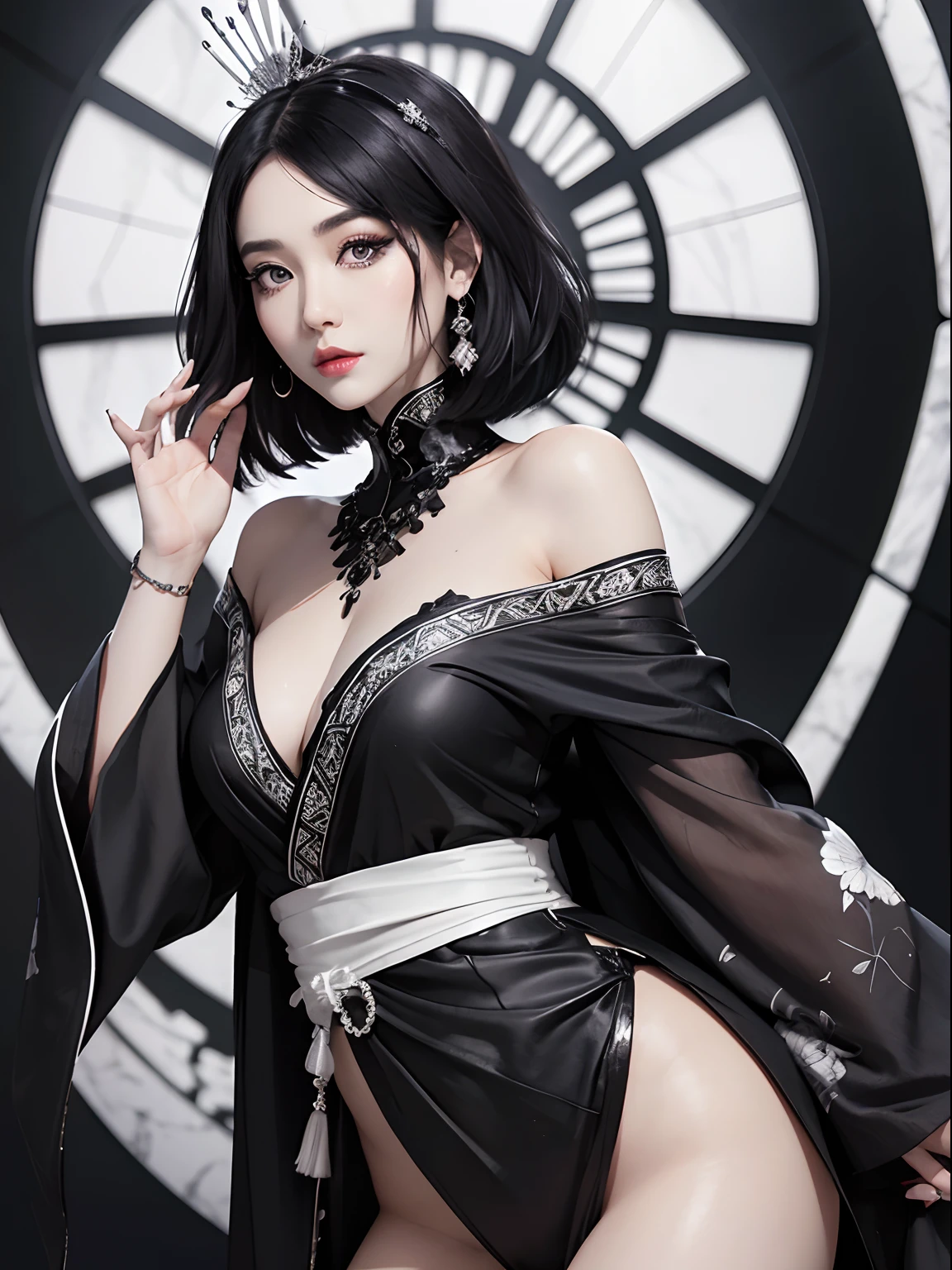 Black and white marble pattern kimono dress、Black eyeliner and black eyeshadow、A detailed face、detailed facial expression、Shoot from the waist up、Dynamic Posing、Fancy makeup、See-through stall、Platinum Color Hair、short-hair、