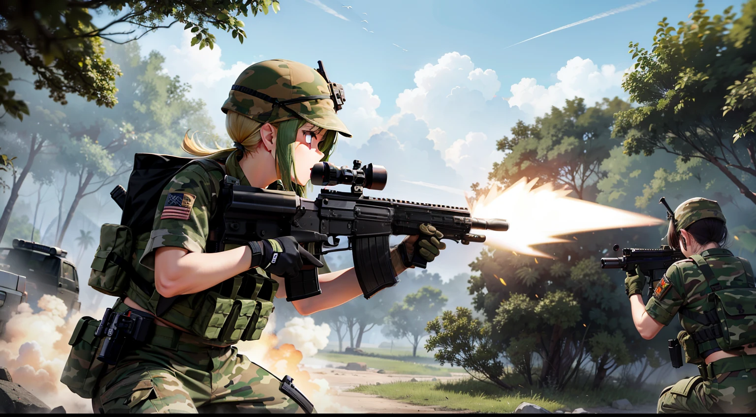 camouflage, CQB, CQC, assault rifle, battle girl, muzzle flash, in jungle