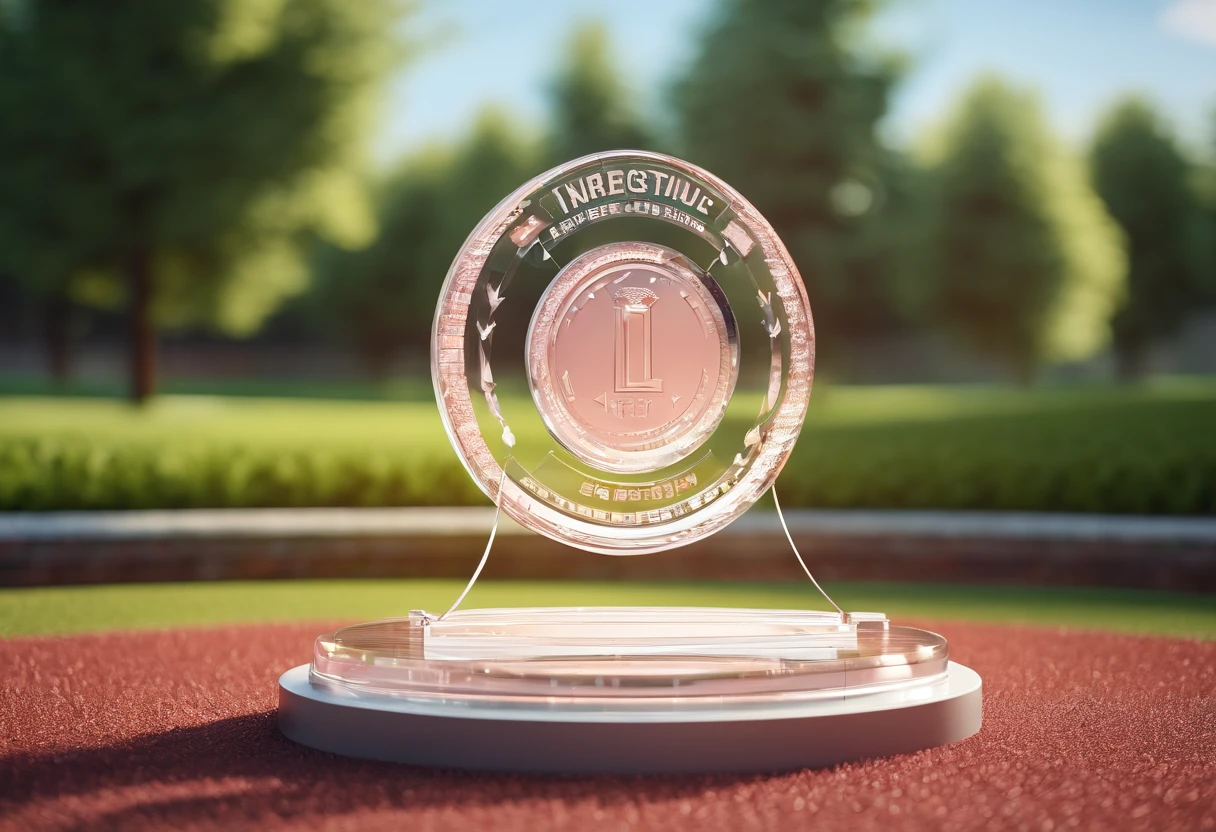 Glass round medal。 Acrylic material。Placed vertically on the grass in the middle of the stadium。Athletics field