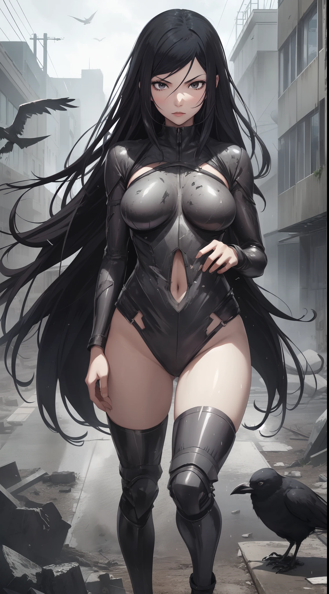 Create a image of Kurihara Mari from prison school, black long hair, grey eyes, blushing, wearing battlesuit Armor, walking on a destroyed city, raining, dramatic shadows, crows in the sky, Fullbody view, loking in the sky,