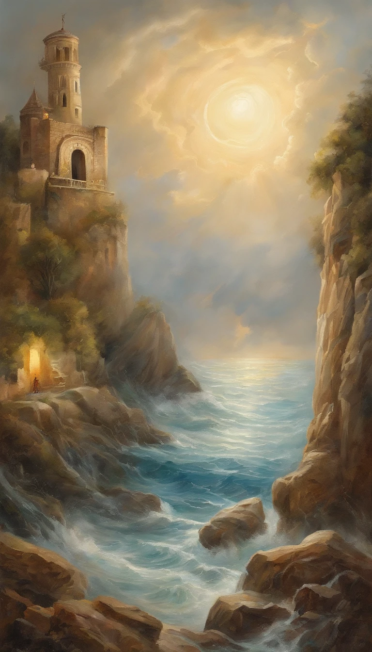 Vickers style, The graphics in the poster design are ocean colors, Living in the North Sea, Control thunderstorms at sea, portrait of jesus with white robe  stand in front of The big door of the castle and opened his hands, Super sharp,Realistic details,Auspicious clouds, depth of fields, God Ray, fantasy coloring, romanticism lain, art-deco, Cinematic lighting, Depth of field, Sparkle, god light, Ray tracing, Ultra-wide angle, first person perspective, Wide shot, hyper HD, High quality, High details, Textured skin, Best quality