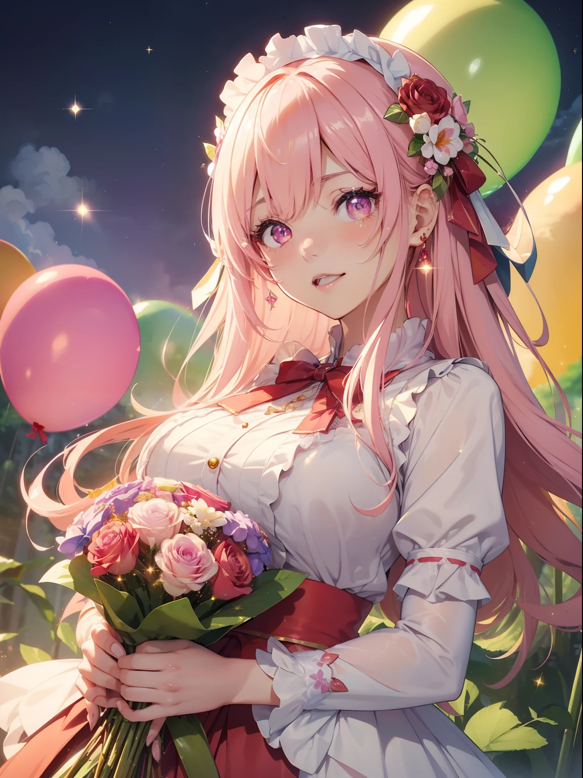 masutepiece, High resolution, 8K, anime woman, Delicate and detailed writing 、Detailed digital illustration、Very long hair and shiny、Bangs、a very beautiful woman、Eyes are double, Large, Bust is D cup、High image quality, High quality、Detailed background、(((Wearing idol clothes)))、((Colorful flower garden、Very beautiful background of clouds and rainbow in the sky))、(The inside of the eye shines like a diamond、Light pink hair、Gradient pupil、(((2 arms、4 fingers, 1 thumb)))、Detailed female face、Very beautiful and cute woman、、细致背景、masterpiece、Soft Focus , Bright gradient watercolor , Lens Flare , (((Glitter))) , Glow , Dreamy , 、Less exposure、Nothing at hand、Idol、Pink ribbon、Very beautiful red rose hair accessories、Pink and gold outfit、White is the main costume、((Laughing))、((Macro for the eyes))、Happy、A lot of colorful balloons are flying、((Have a colorful bouquet))