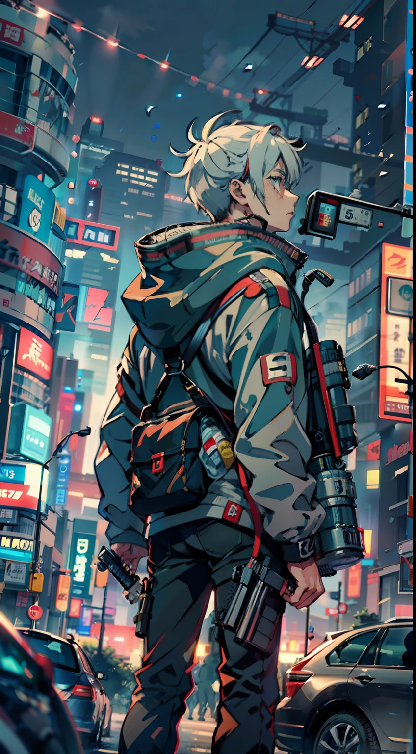 1boy,(15 years old boy:1.5)、Anime-style protagonist、Cyberpunk Boy、silber hair、Spiky hairstyle、machine gun、Japan sword on the back、Whole body bloody、Shot from the knee up、The beginning of the adventure、Lots of clouds,heavy fog、Big Moon、Lightning、Chaotic city of the future、dystopian、A group of very tall skyscrapers stands in the center、Very complex cityscape,Crowded Chinese skyscrapers、Tall radio tower、Trees、street signs、streetlights、taxis、buses、Train、Warm lighting,Dark road、puddles、Chaotic、Beautiful and fantastic scenery、Cinematic scenery、hightquality、masutepiece,in 8K、hight resolution、