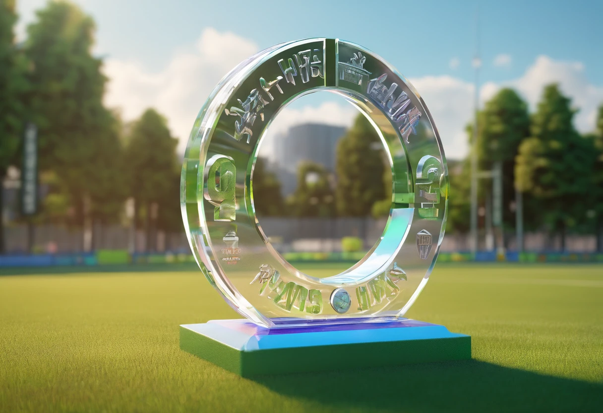 Glass round medal。  Acrylic material。Placed vertically on the grass in the middle of the stadium。Athletics field