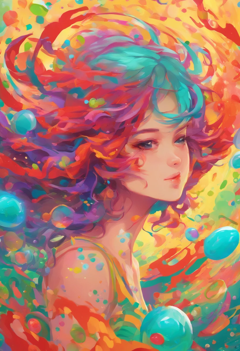 ((top-quality, 8K)), (Realistic), (Face Focus: 1.1), (cyan colors:1.3), (Green and purple colors: 1.2), Kawaii Girl, short-hair, Hair fluttering in the wind, Falling from the sky, Falling to the ground, Eyes closed, (Sleeveless: 1.1)、Skirt, the skirt is swaying in the wind, D Cup Breasts, Countless soap bubbles, (Soap bubbles are red, yellow and orange:1.2),