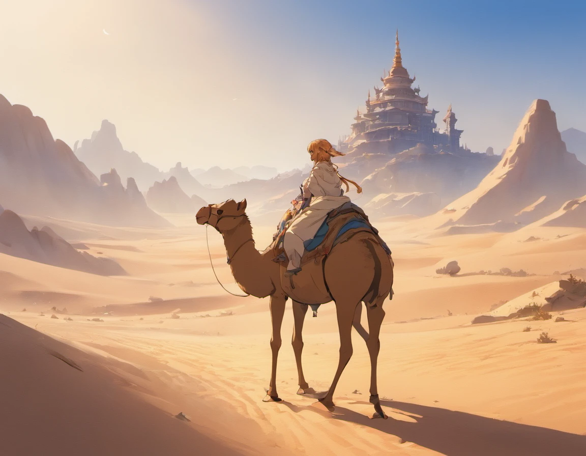 Desert landscape, Crescent Spring,It is surrounded by ancient buildings and sparse vegetation,In the distance, There was a camel caravan driving far away in the setting sun