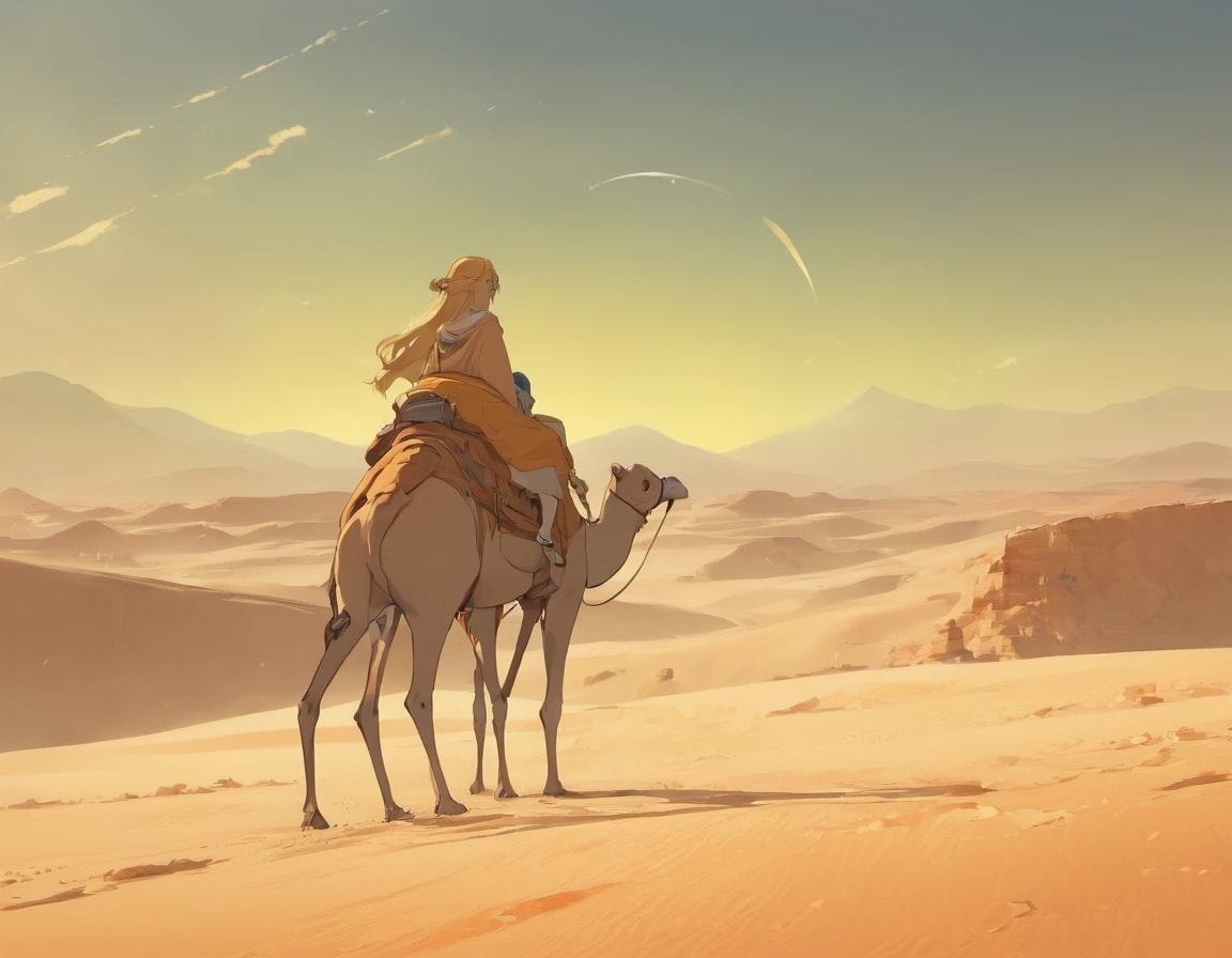 Desert landscape, Crescent Spring,It is surrounded by ancient buildings and sparse vegetation，In the distance, There was a camel caravan driving far away in the setting sun