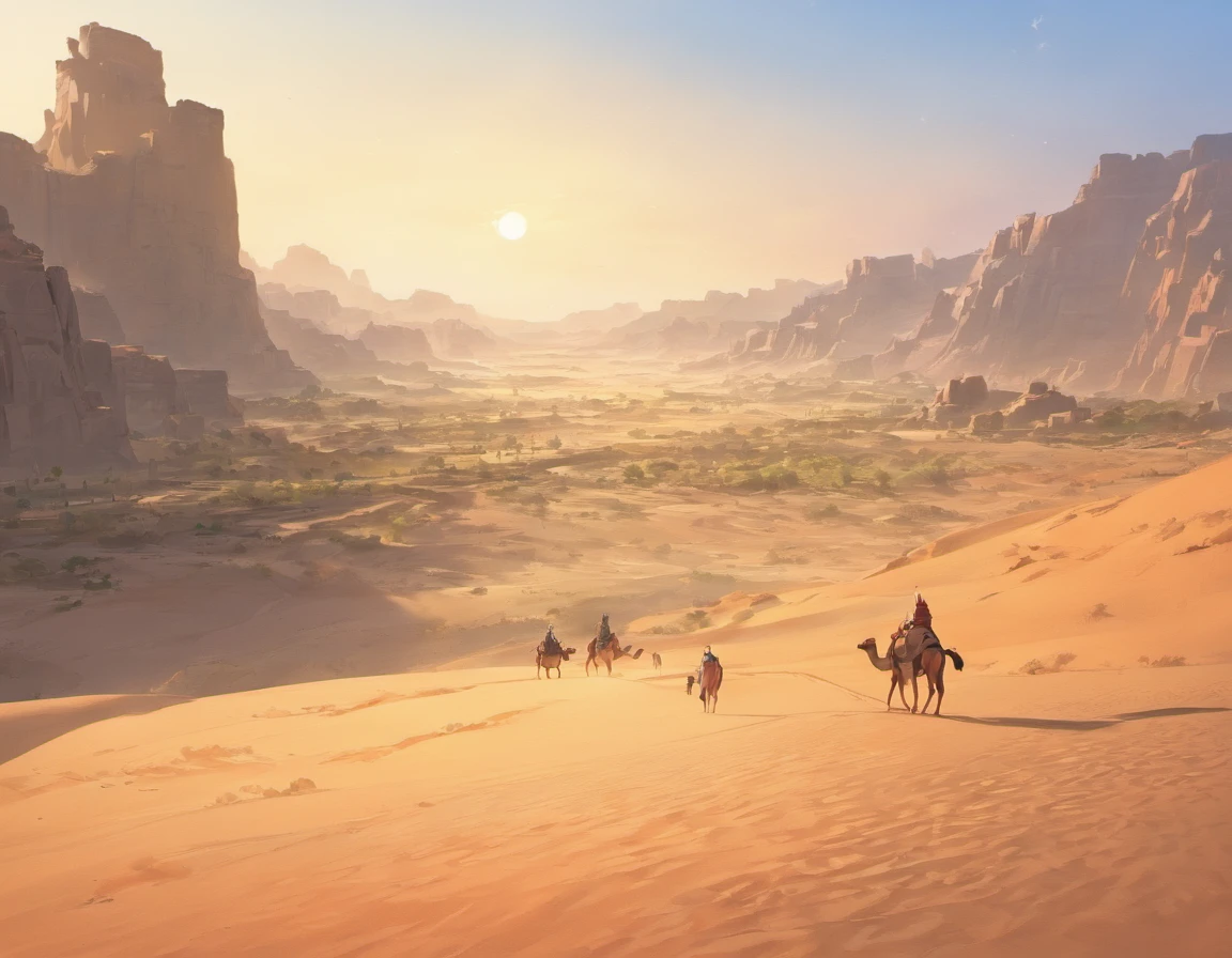 Desert landscape, Crescent Spring,It is surrounded by ancient buildings and sparse vegetation，In the distance, There was a camel caravan driving far away in the setting sun