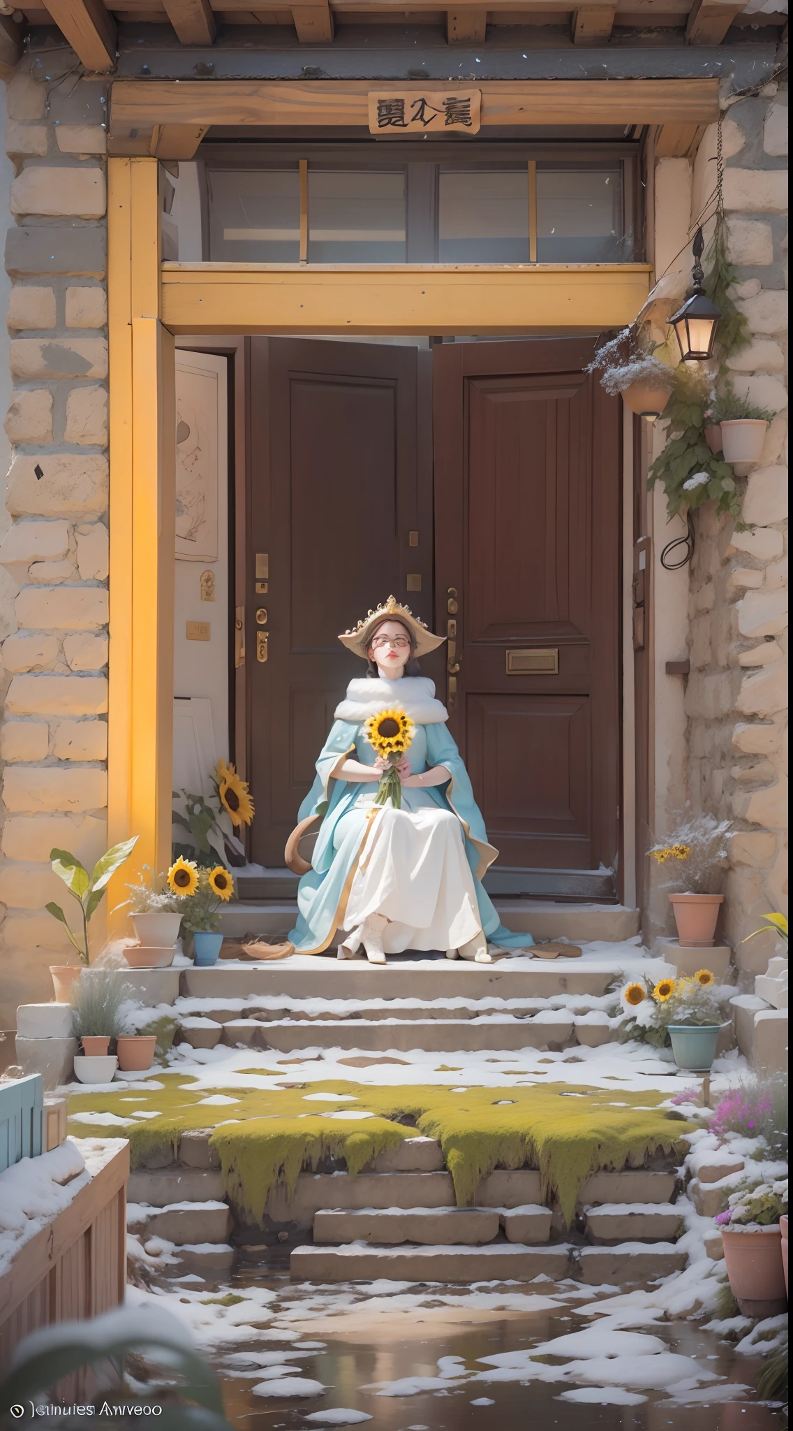 In a very grand scene,The extra-large wide-angle lens captures the appearance of a female centaur。She is a Sunflower Worship nun,Always opposed(A knitted sunflower puppet 9.9)DOA。She is tall,It has the ultimate curvy beauty,The muscles are slender and firm,Beautiful lines。She has(Super huge sky blue eyes:99.99)、always(Wearing sexy glasses:6.66)、(She wears solemn nun attire:9.9)、Stepping on a boot-style skyscraper-heel、A pink cross hangs on his chest。Use Midjourney's advanced tools,Designed for female centaurs(一个针织太阳花布偶并在花盘中心创造一张超级治愈的emoji😊笑脸:99.99),and noble and solemn nun costumes,and highlight her unique physiological characteristics and appearance details,Add realism。And in the context of her prayers and listening to confessions,Spectacular views of nature,Such as the sky where storms and sunny days alternate、Brilliant rivers of stars and auroras、The snow-capped summit of Mount Everest、Fireworks in the mountain town, etc。ao mesmo tempo,Away from the hustle and bustle next to the chapel,Create a fantastic scene。Use Midjourney's advanced tools and multiple color palettes、Brush Strokes、Texture tools and model packages,It shows a sense of atmosphere where beauty and charm coexist。The charm of the female centaur is highlighted through color and lines,Enhance realism with detailing,Create a surreal dreamy feeling。Additionally,Use Midjourney's tools to add various exorcism props and books to the female centaur、pergaminhos,Create intricate hairstyles and outfits,Give her a sense of premium。She never flinches,No matter what monster you encounter,can respond quickly,Even the most extreme armies of natural disasters and monsters could not stop her and her front(Sunflower with Tyndall effect that emits sunlight9.99)。Use Midjourney's powerful tools,You can do it with incredible detail and beauty,Bring this ultra-grand and beautiful scene to life。Ultra-grand scenes,super wide shot, hdr,(真实感,Masterpiece quality,best qualtiy),